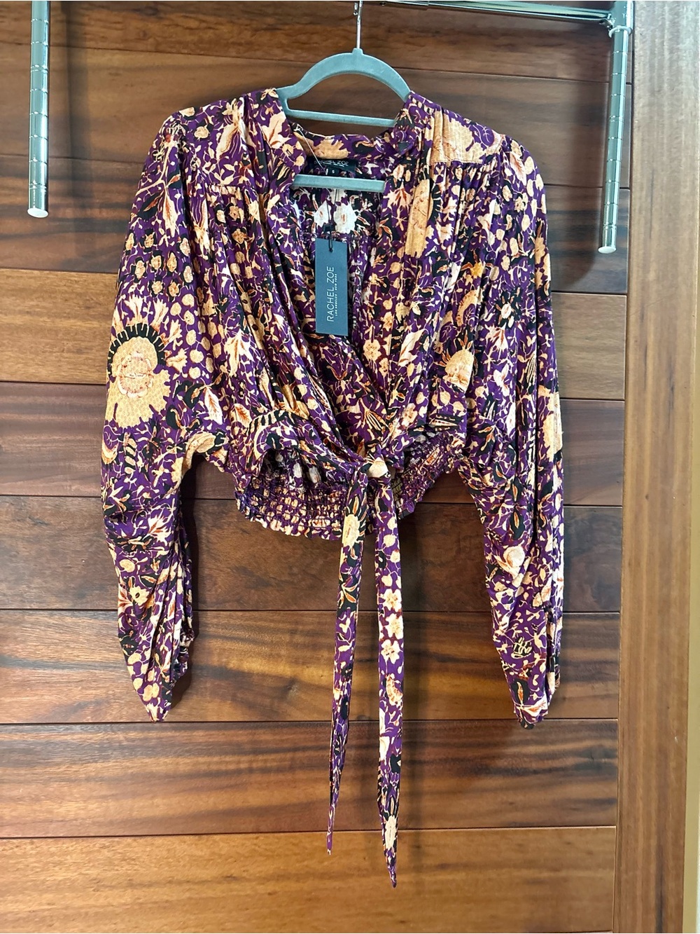Rachel Zoe Purple and Gold Floral Tie-Front Crop Top NWT